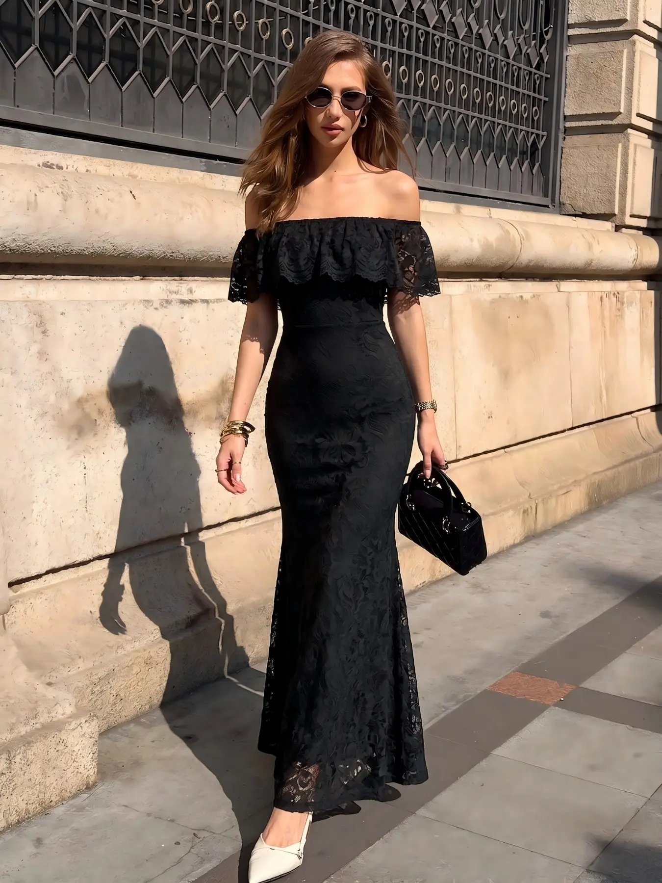 Women's Off Shoulder Lace Mermaid Maxi Dress, Elegant Formal Floral Bodycon Evening Party Long Gown, Formal Chic Feminine