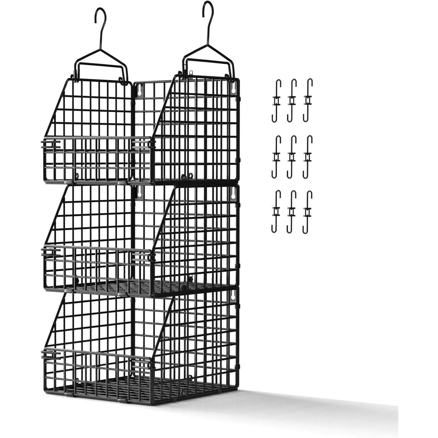 Larger & Deeper Hanging Storage Basket, Closet Organizers and Storage, Hanging Shelves Wire Baskets for Clothing Sweaters Purse Handbags Shoes Black 3 Tier