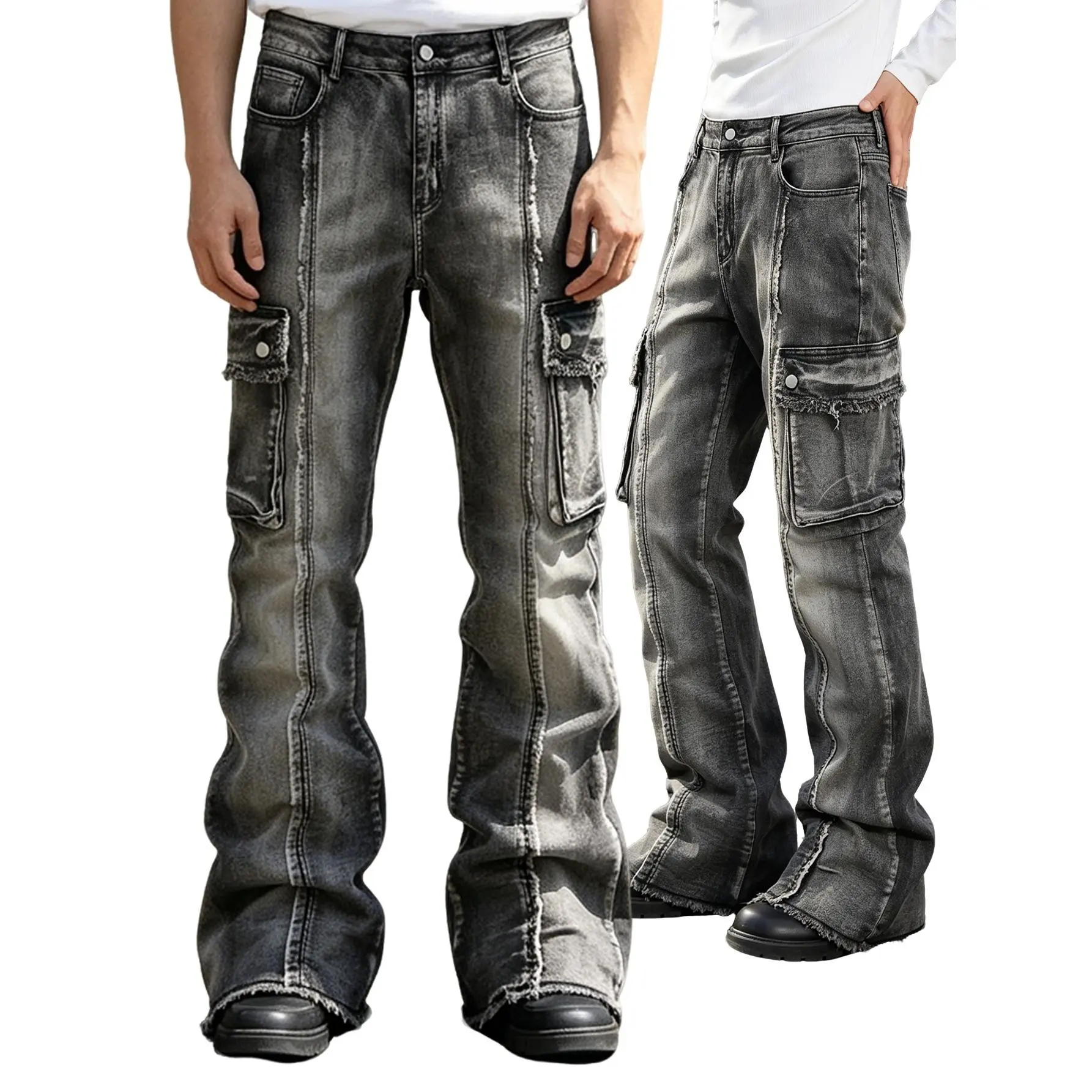 Men's gray washed workwear slightly flared jeans, fur-trimmed denim trousers, street-style casual pants
