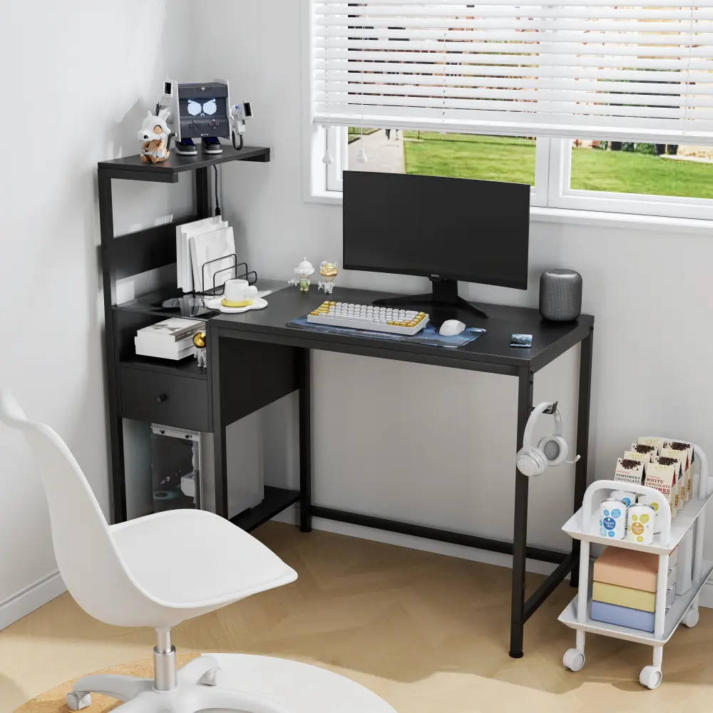 Littleox Computer Desk with Power Outlet & Storage Shelves, Study Writing Table with USB Ports Charging Station, PC Desk Workstation for Home Office, Black