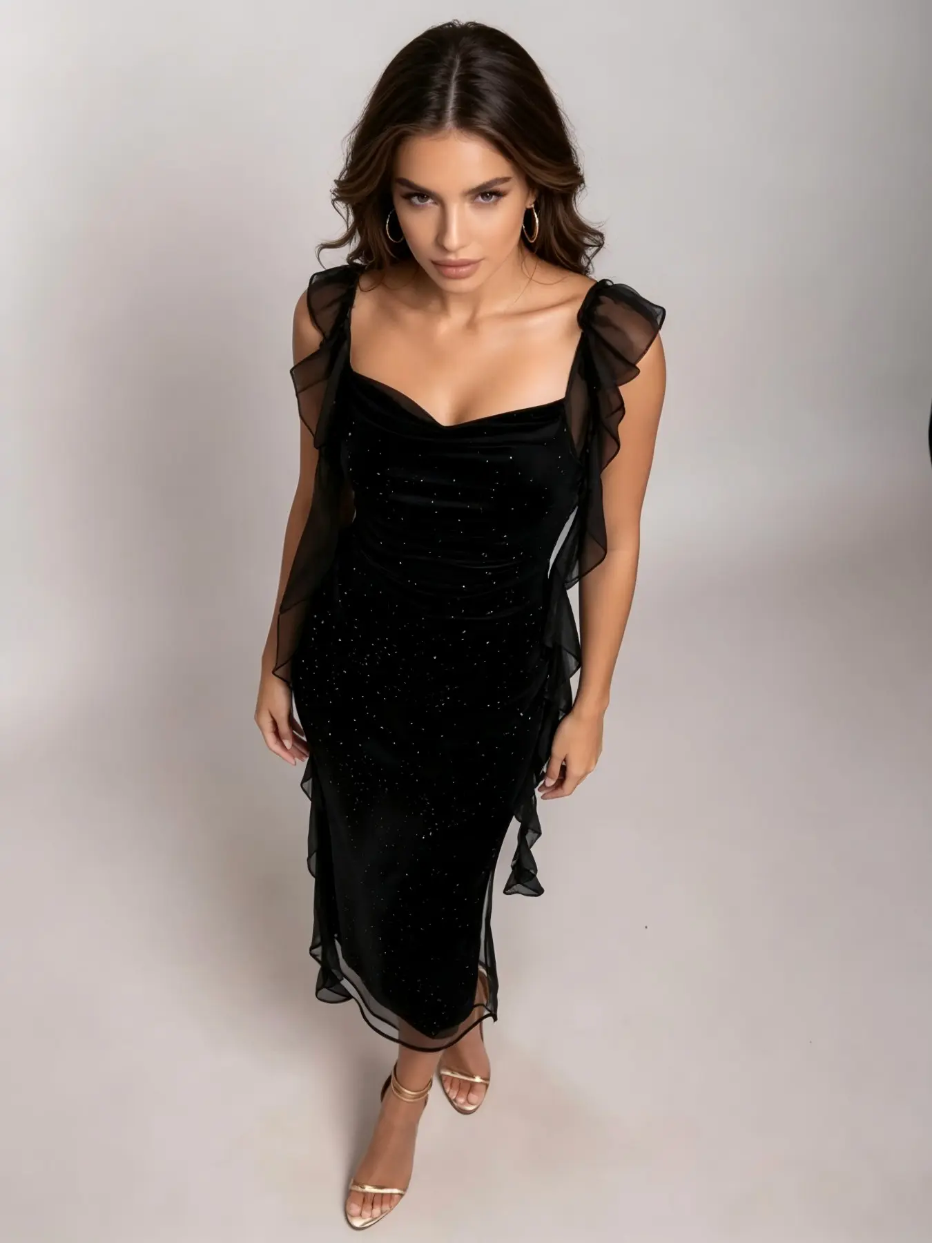 Women's Sleeveless Halter Dress with Ruffled Hem, Elegant and Chic Design, Perfect for Casual Wear, Club Dress, Comfortable and Women's Sparkly Tulle Midi Dress with Draped Neck and Ruffle Sleeves