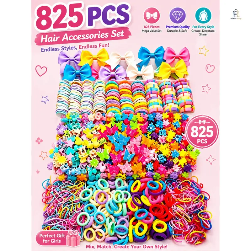 825 Pieces Girls Hair Accessory Set Solid Fabric Bow Clips Flower Star Cartoon BB Clips Gentle Hair Safe Elastic Bands Disposable Rubber Rings Soft Firm Grip All Match Daily School Party Birthday Gift Hair Styling Supplies