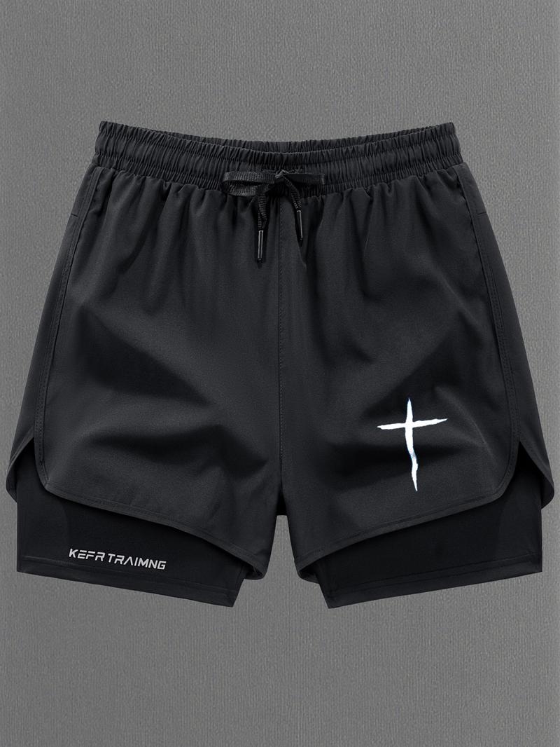 Men Women Regular Fit 2-In-1 Drawstring Waist Sport Shorts, Summer Pocket Print Casual Half Yoga Exercise Shorts, Fashionable Daily Wear