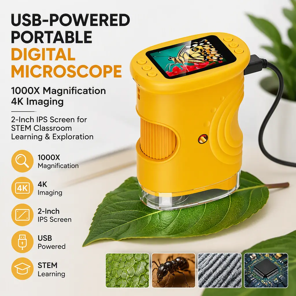 1000X Magnification Handheld Digital Microscope, 4K High‑Definition Imaging, 2‑inch IPS Screen, USB‑Powered for Classroom Science