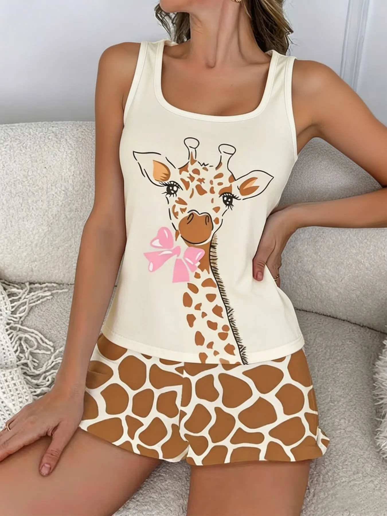 Cute Giraffe Print Tank Top Pajama Set Pjs, 2-Piece Girls' Home Wear, Cozy Sleepwear for Teens, Soft & Comfortable Nightgowns, Loungewear Nightwear Pajama