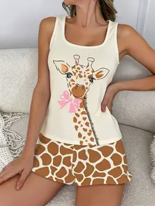 Cute Giraffe Print Tank Top Pajama Set Pjs, 2-Piece Girls' Home Wear, Cozy Sleepwear for Teens, Soft & Comfortable Nightgowns, Loungewear