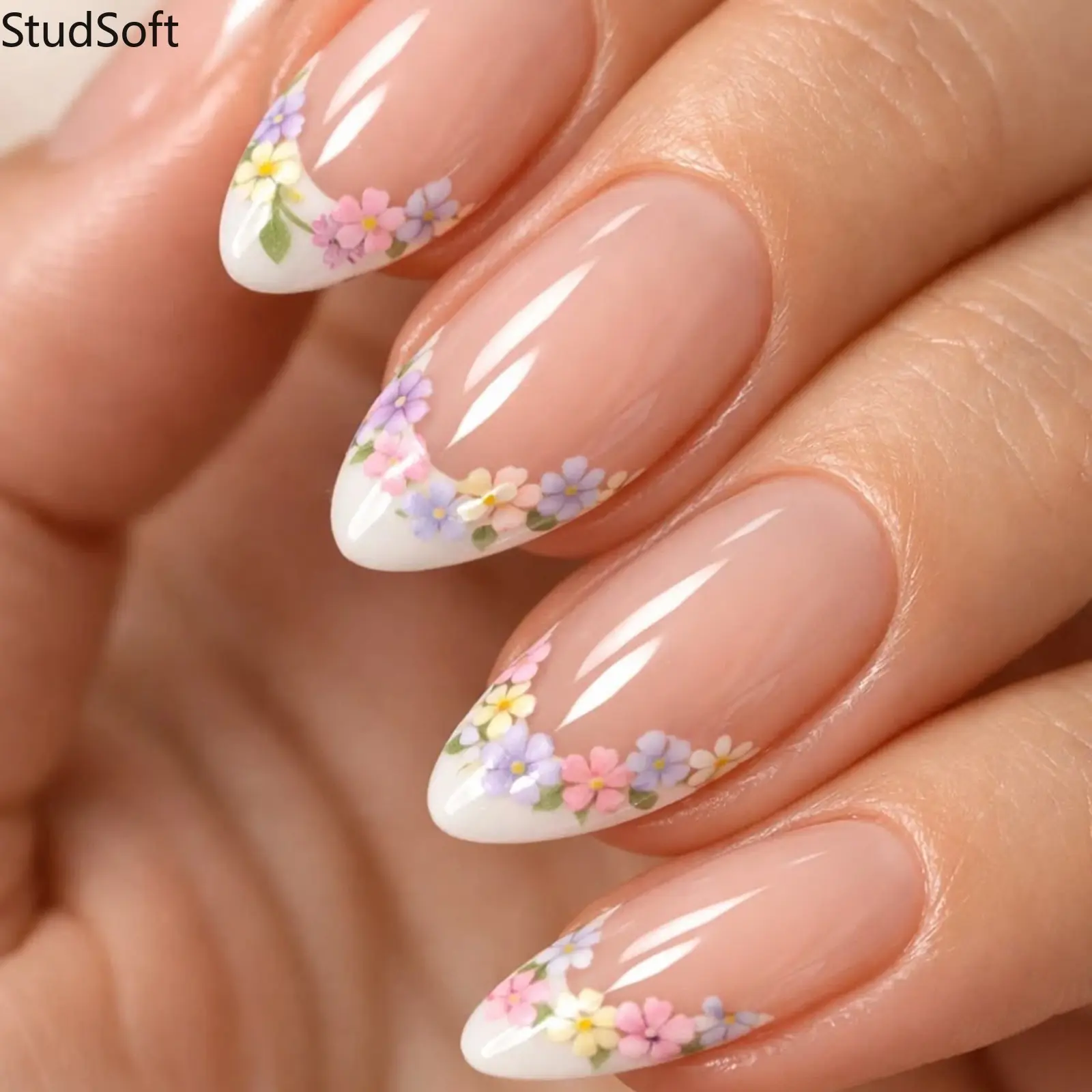 24Pcs Glossy Medium Almond Press on Nails White French Fake Tips Jelly Nude Pastel Flower Floral Full Cover Acrylic Glue Manicure for Women Summer