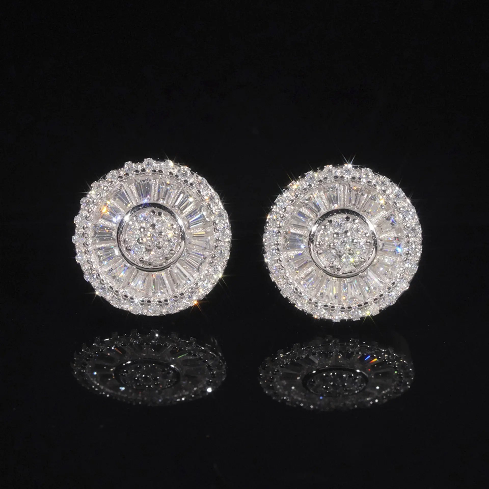 Round luxury 925 silver D color VVS moissanite rectangular flower stud earrings — premium studs with strong fire and color, can pass diamond tester pen test.
