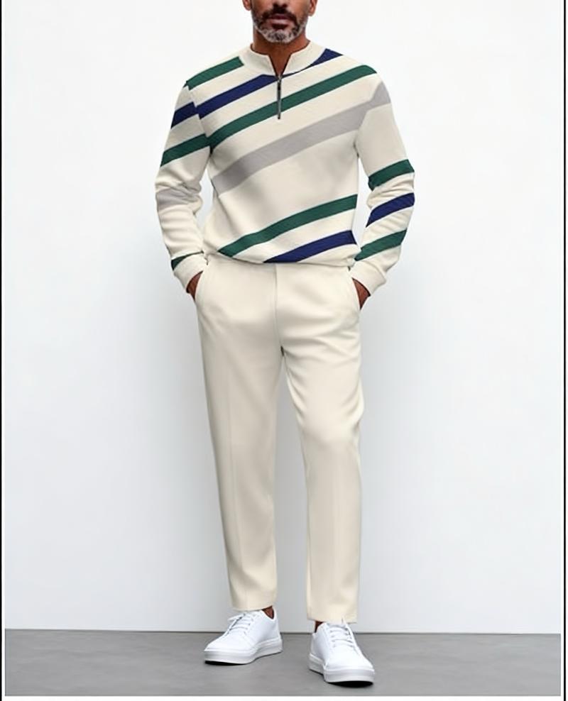 "New European and American men's sportswear set, featuring a half-zipper top paired with matching pants, and a trendy design with a sleeve patch featuring the number 5. The fabric is comfortable, suitable for daily street wear, casual commuting, and effor