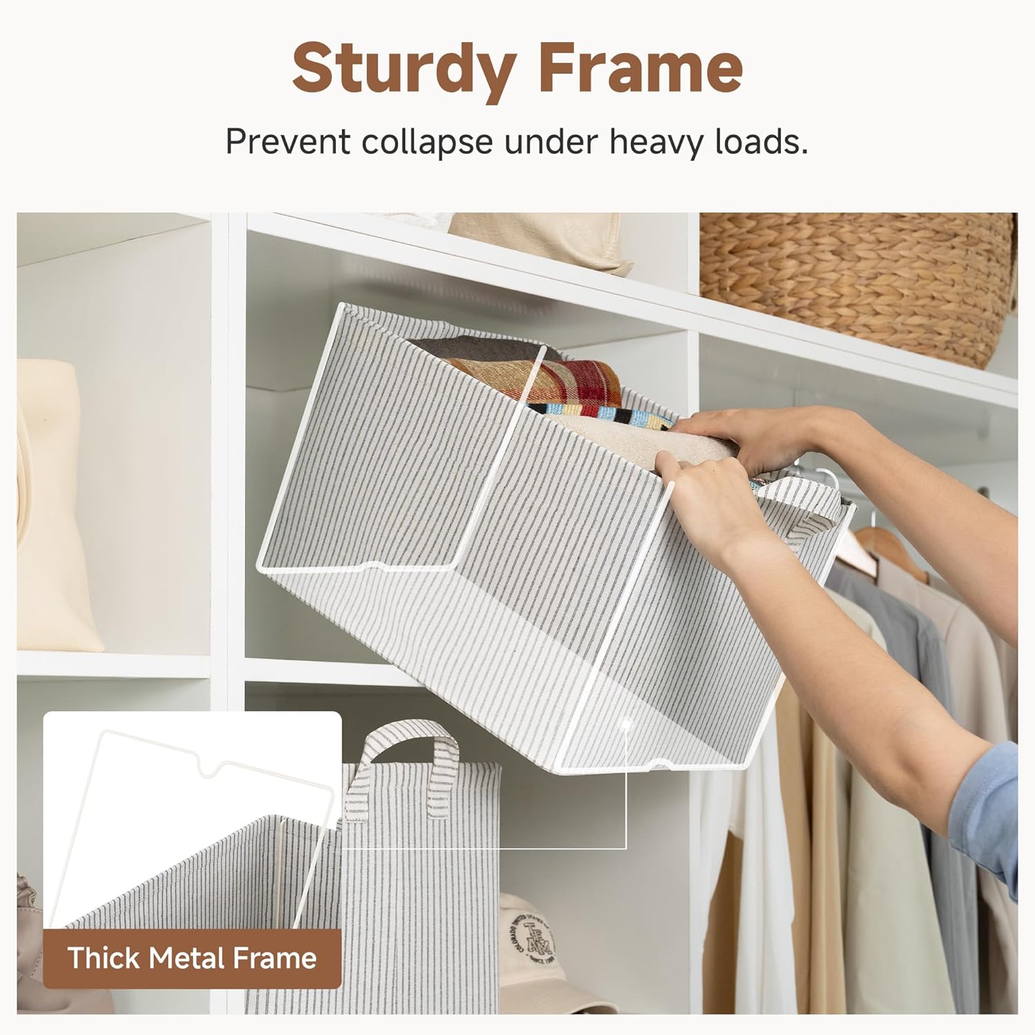 2-Pack Large Fabric Storage Bins for Shelves, Khaki and Beige Striped Storage Baskets with Metal Frame and Handles, Foldable Closet Organizer Bins