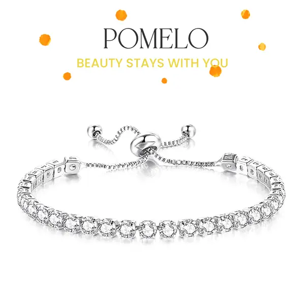POMELO Unisex 17 cm Stone-Set Tennis Bracelet, Electroplated Copper, Adjustable Slider or Box Clasp, Silver, Gold or Rose Gold