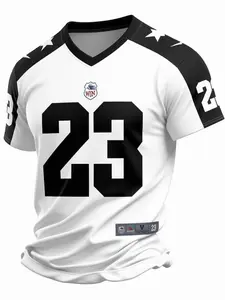 Men’s Green White Color Block V Neck Sports Jersey, Big Number 23 & Star Shoulder Badge Print Short Sleeve Top, Loose Fit Football Style Casual Tee, Ideal for Sports Training and Daily Street Matching
