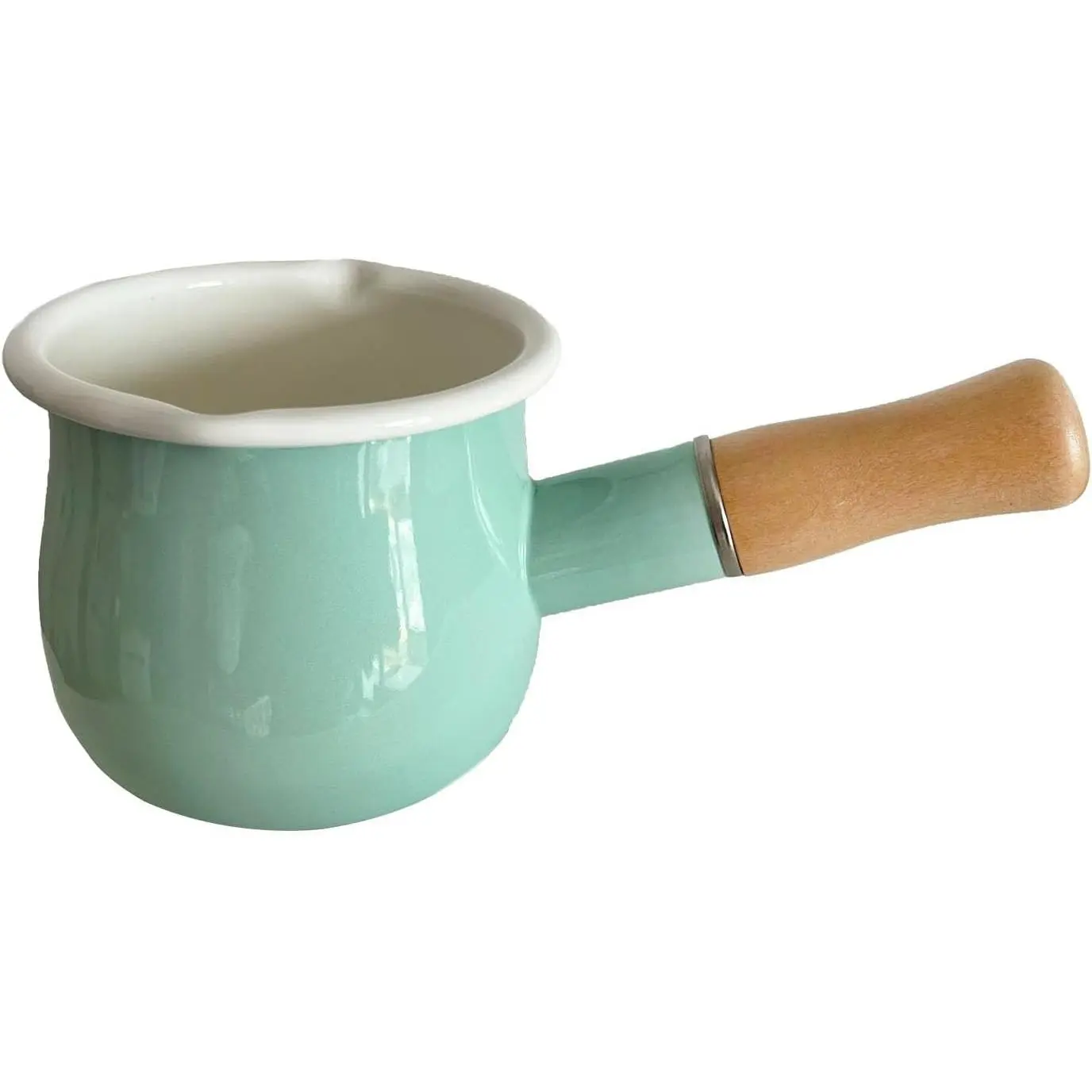 Enamel Milk Pot, Butter Warmer Non-stick Mini Saucepan, 4 Inch 17 Oz Small Cookware with Wooden Handle(Green)