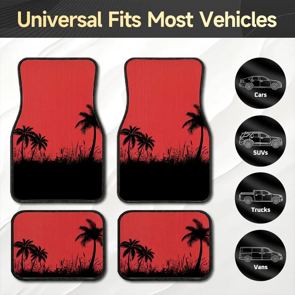 4 Piece Set Beach Coconut Tree Car Floor Mats 4 Piece Set, Durable Waterproof Car Mat, Universal Fit for Cars Suv Pickup Van, Washable Creative Auto Accessories