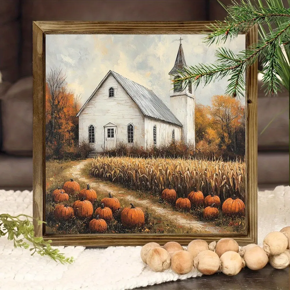 2D Flat, 2D Plane Rustic Farmhouse Wood Framed Wall Art Sign - 8x8 Inch White Church & Cornfield with Golden Frame, Autumn Harvest Tabletop or Hanging Decoration for Country Home, Thanksgiving & Christmas Decor, English Countryside Landscape Display