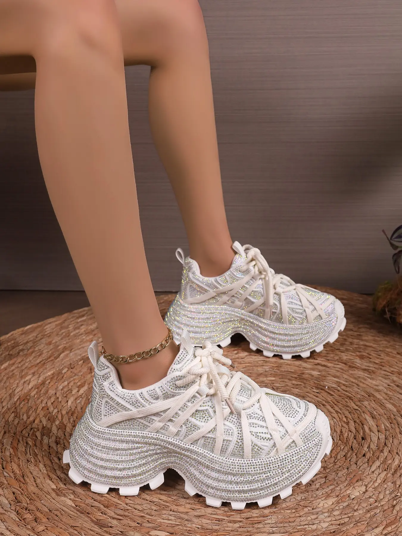 2026 New Fashion Full Rhinestone Fly Knit Mesh Platform Dad Sneakers, Lace Up Breathable Lightweight Trainers, Sawtooth Textured Non Slip Heighten Sole, Luxury Sparkly Sweet Girly Style, Trendy Summer Street Footwear For Daily Shopping Travel Party Dating