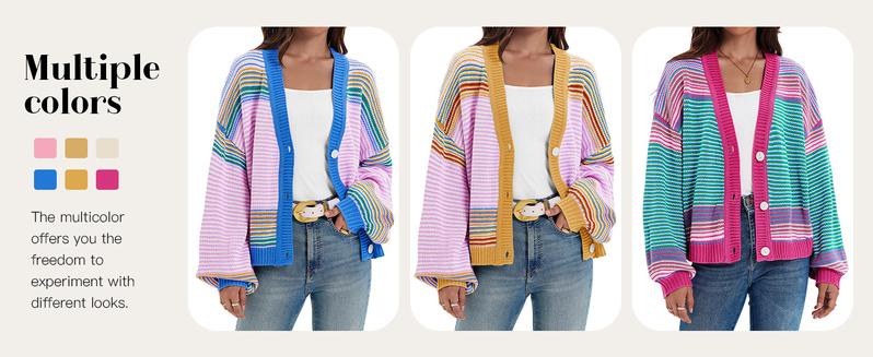 lmily Bela Womens Striped Cardigan Sweaters Oversized Puff Sleeve Button Up V Neck Color Block Knit Sweater Coat