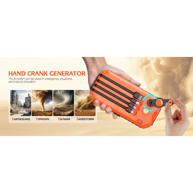 Solar Charger Power Bank 40000mAh Built in 4 Cables and Hand Crank, Portable Charger 22.5W Fast Charger 6 Outputs & 4 Inputs External Battery Pack with Bright Flashlight and Compass