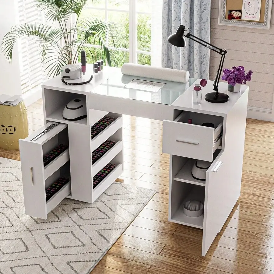 Professional Manicure Table Nail Desk Station with Glass Top & Wrist Cushion, Acetone-Resistant Nail Table with Wheels & Storage Cabinet