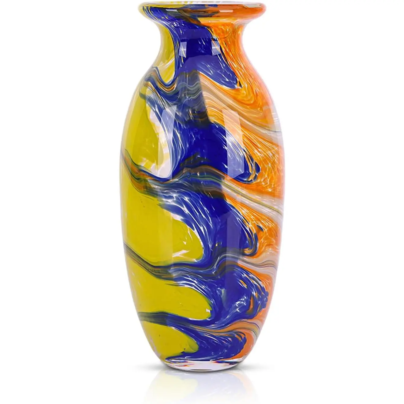 10.23in H Blue Yellow Orange Round Hand Blown Glass Flower Vases, Unique Colored Glass Small Vase Art Deco, Flower Vases Decorative and Home Living Room Office Table Bookshelves Wedding Centerpieces