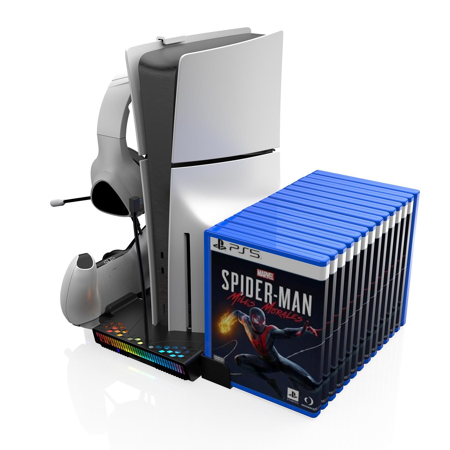 GAMINJA Charging Base Station for PS5, Vertical Cooling Fan with Game Slot, Dual Controller Charger, Storage Accessories for PS5, Charging Dock Accessories