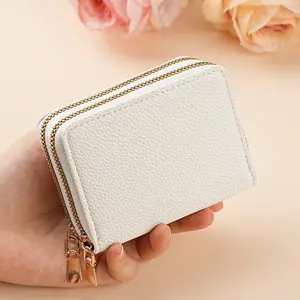 Large Capacity Dual Zipper Accordion Card Holder for Women, Lychee Texture Multi Card Slot Coin Purse, Organized Small Wallet for Cards Cash Coins