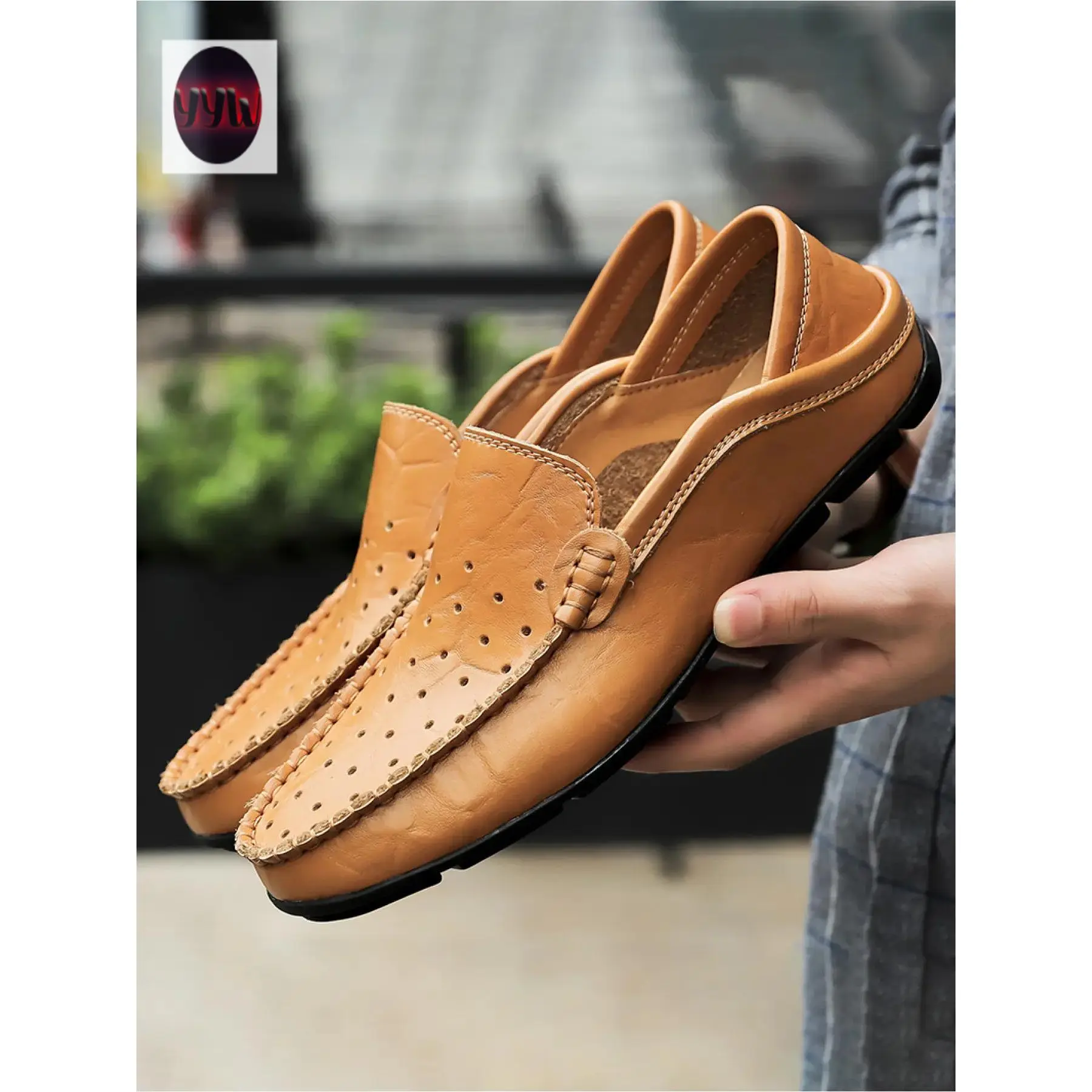 YYW1 Men's Classic Penny Loafers, Flat, Perforated Leather Breathable Anti-Soft Sole, Comfortable-On Driving Shoes, Ideal Daily Commute, Office, Casual Shoes, All Seasons
