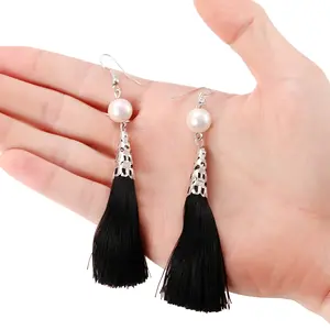 OIDEA Faux Pearl Long Tassel Earrings, Alloy Thread Dangle Earrings for Women, Elegant Statement Party Jewelry