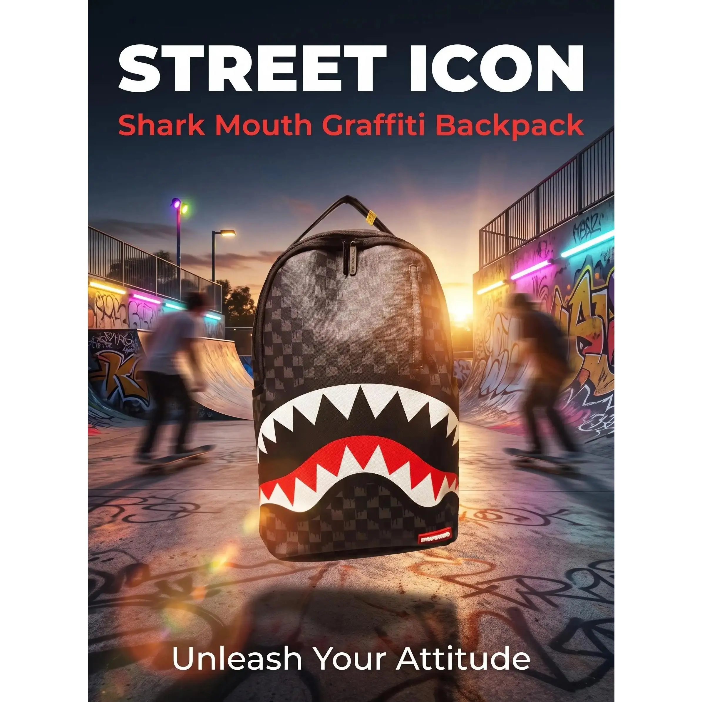 SG Dark Checkerboard Drip Shark Mouth Backpack, Black Grey Grid with Classic Black White Red Shark, Streetwear School Travel Laptop Daypack for Men Women