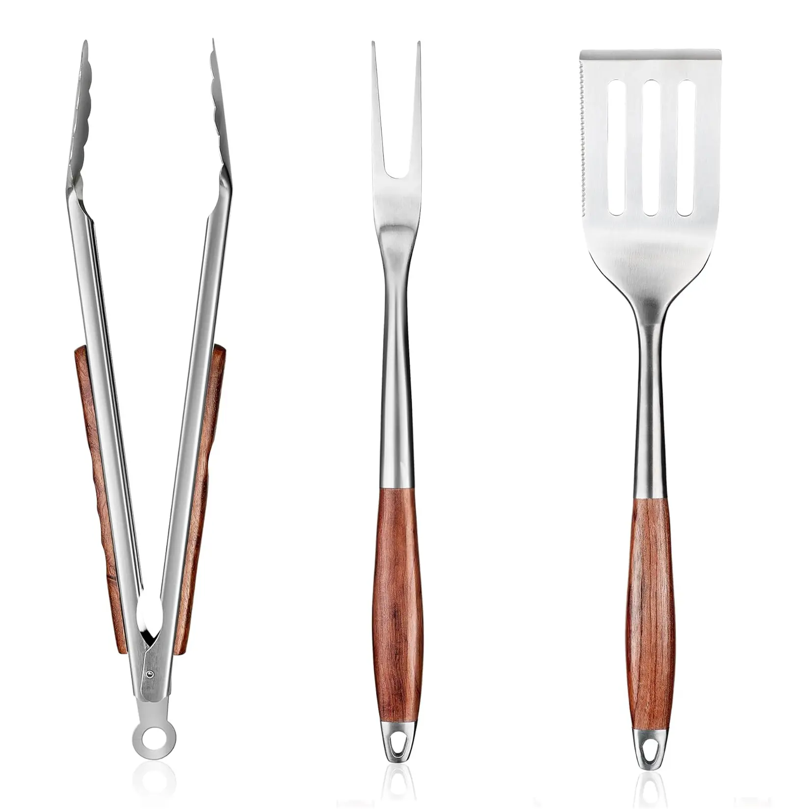 Heavy Duty Stainless Steel BBQ Tools Set - 3-Piece Grilling Utensils with Rosewood Handles - Includes Spatula, Fork, Locking Tongs - Heat & Rust Resistant - Outdoor Cooking, Camping, Backyard Barbecue