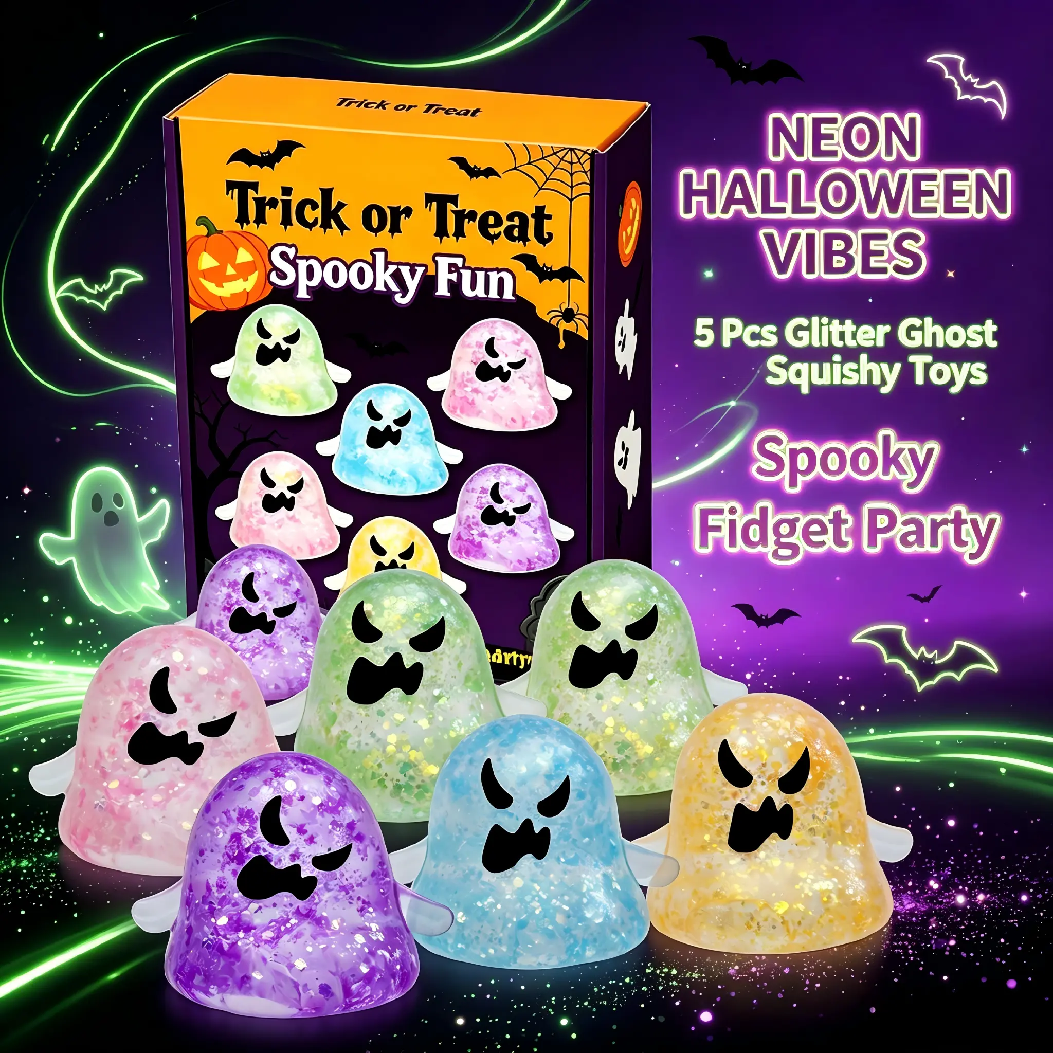 5 Pack Halloween Ghost Squishy Toys, Glitter Sensory Fidget Toys, Spooky Trick Or Treat Stress Relief Squeeze Toys, Halloween Party Favor Gift Set