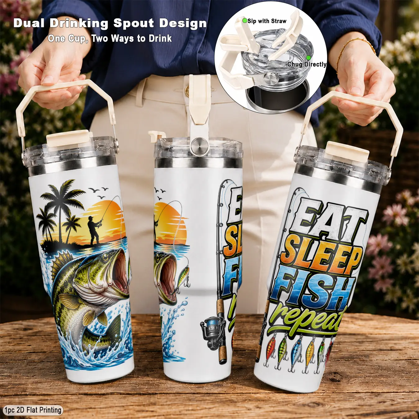 30oz 304 Stainless Steel Travel Tumbler, with Coastal Fishing Print Design, Dual Use Lid with Foldable Handle Car Cup Holder Friendly, for Hot Cold Beverages, Great for Office Commute Father's Day Gift for Men
