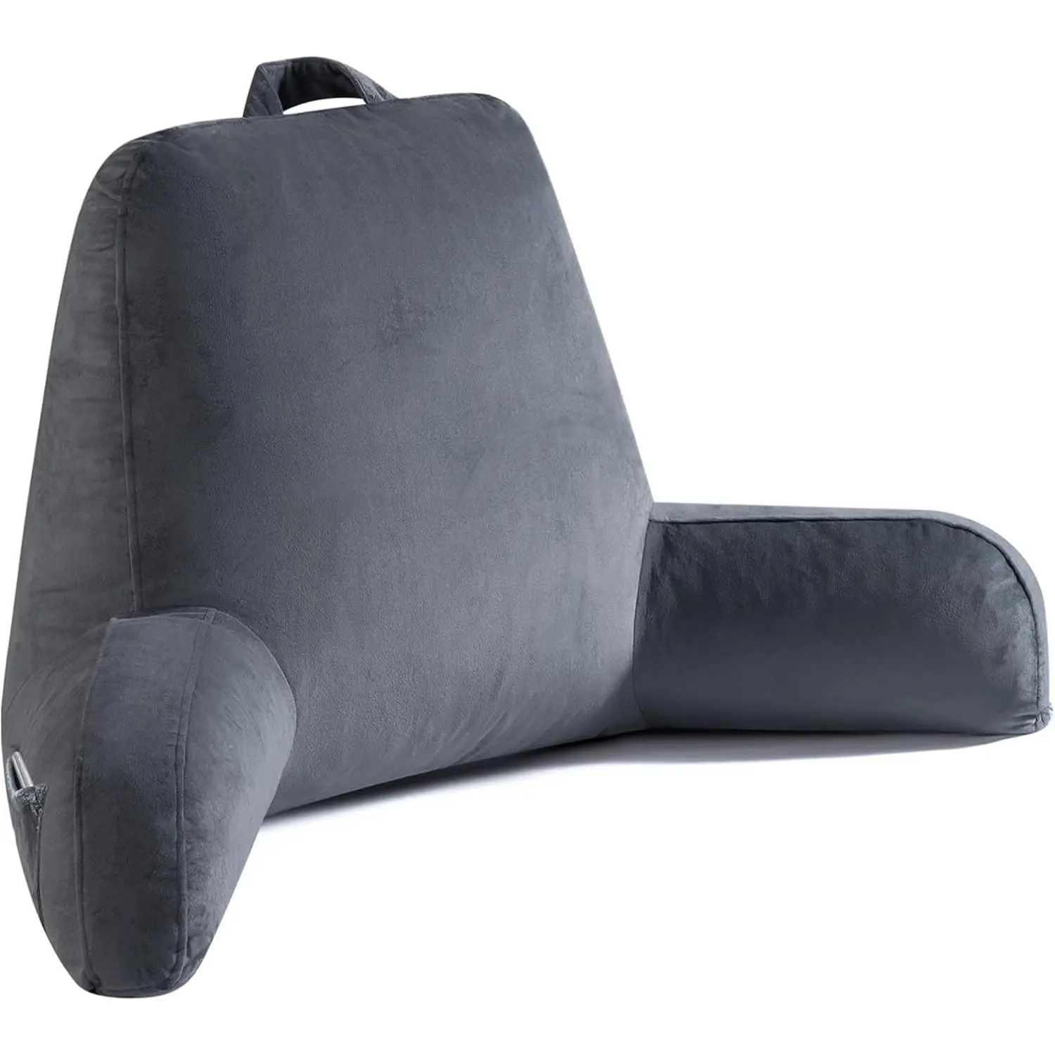 Reading Pillow for Sitting in Bed Adult, 19" Reading Pillow with Shredded Memory Foam, Back Pillow for Sitting Up with Extend Arms, Pockets, Bed Pillow with Washable Cover, Grey