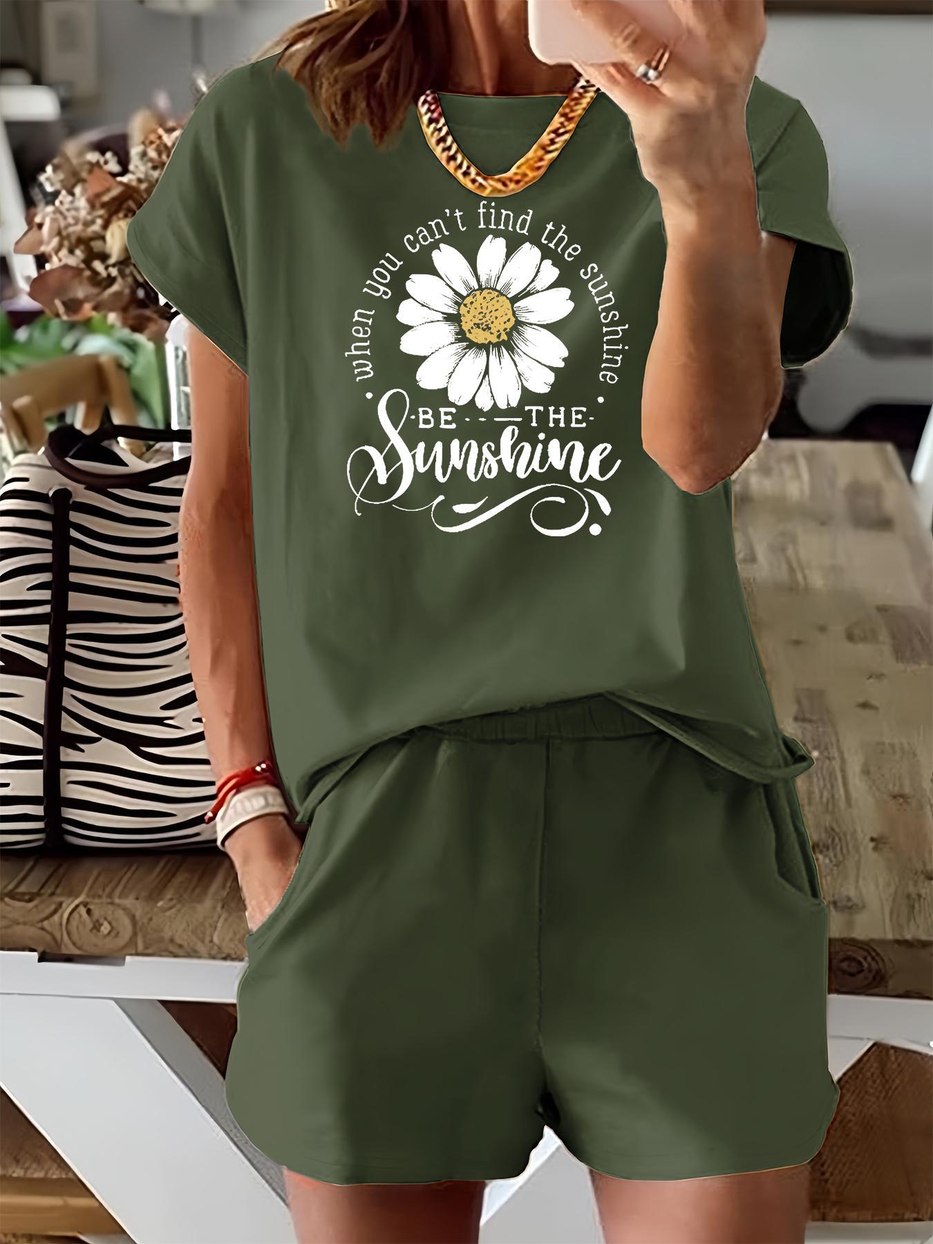 Women's Floral & Letter Print Two-piece Set, Casual Fitted Short Sleeve Tee & Elastic Waist Shorts Set, Ladies Summer Outfits for Daily Wear