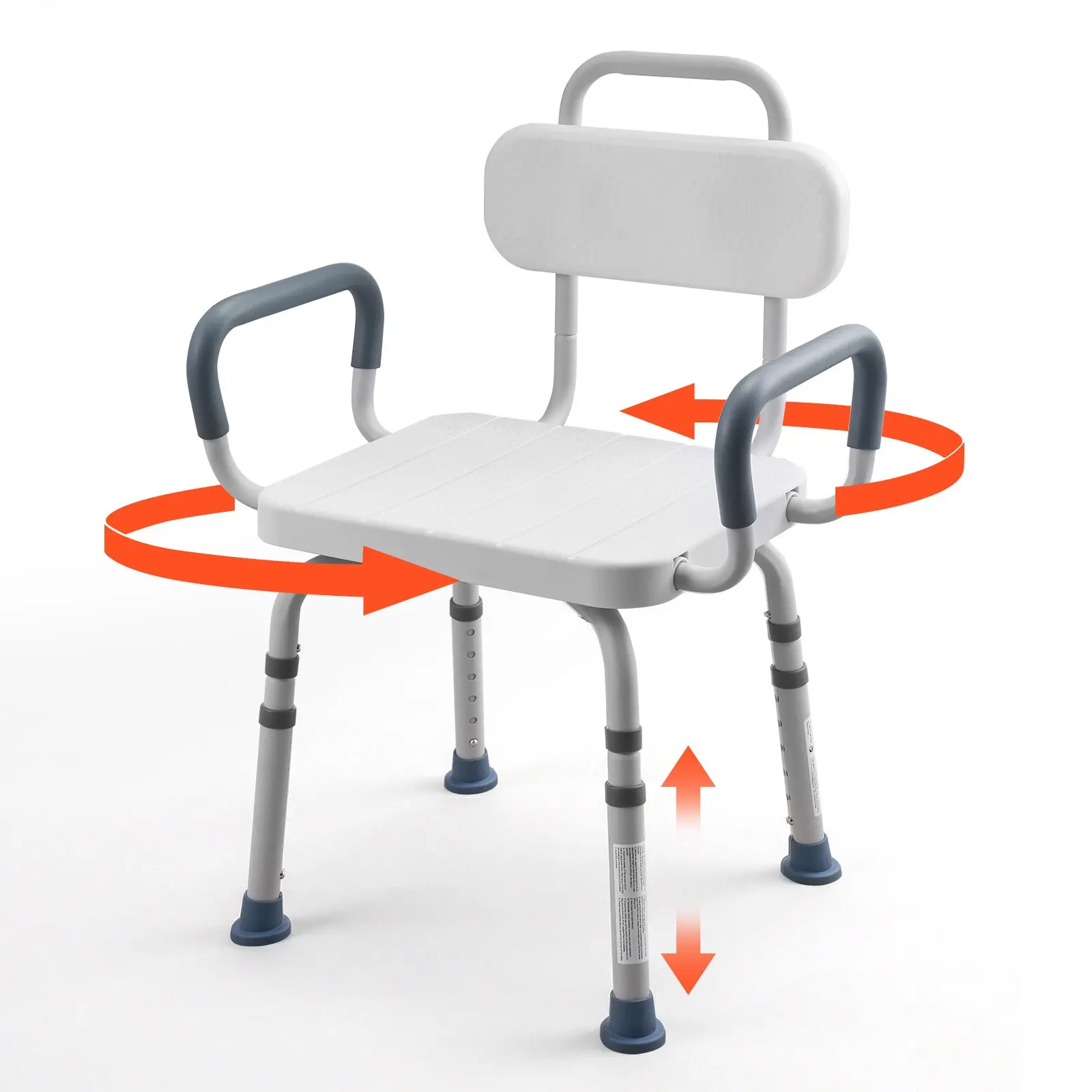 VEVOR Aluminum 360-Smooth Swivel Shower Chair with Arms & Back, 400 lbs Heavy-Duty Bathtub Bench, Height-Adjustable for Shower Stalls, 21.7x19.5x34.4 in (550x495x875 mm), 9.3 lbs for Seniors