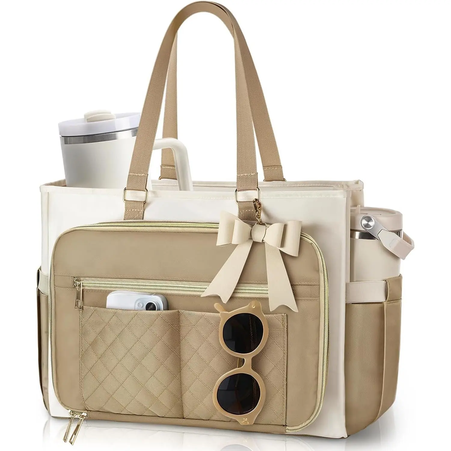 Teacher Tote Bag for Women - Structured Laptop Bag, Cup Holder | Multi-pocket design fits 15.6-inch screen, stays upright  commutes,  for nurse shifts and classroom work days
