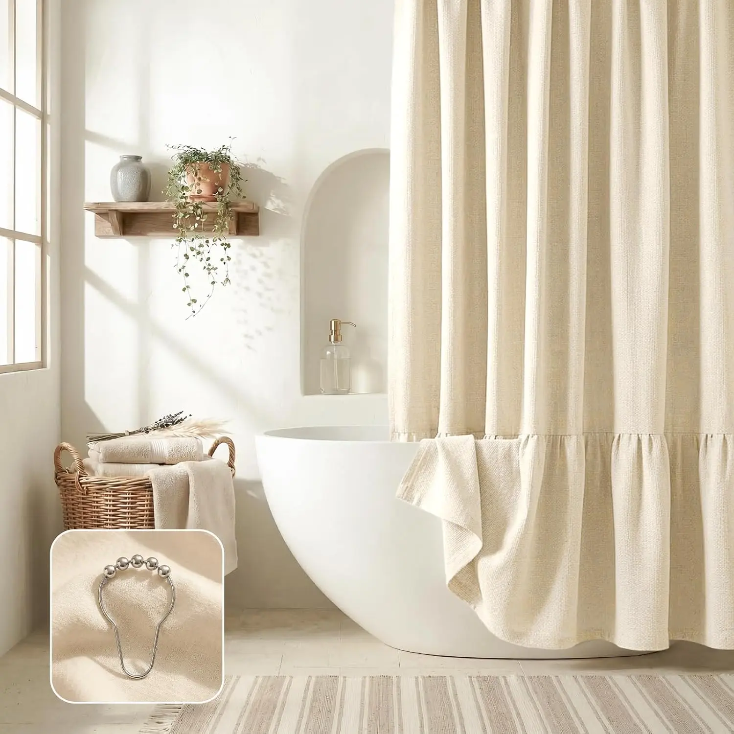 Linen Shower Curtains for Bathroom - Farmhouse & Boho Shower Curtains, Neutral Textured 1:2 Ruffled Shower Curtain, Spa-Like Bathroom Decor, Easy Care, 72" W x 72" L, Beige (with 12 Hooks)