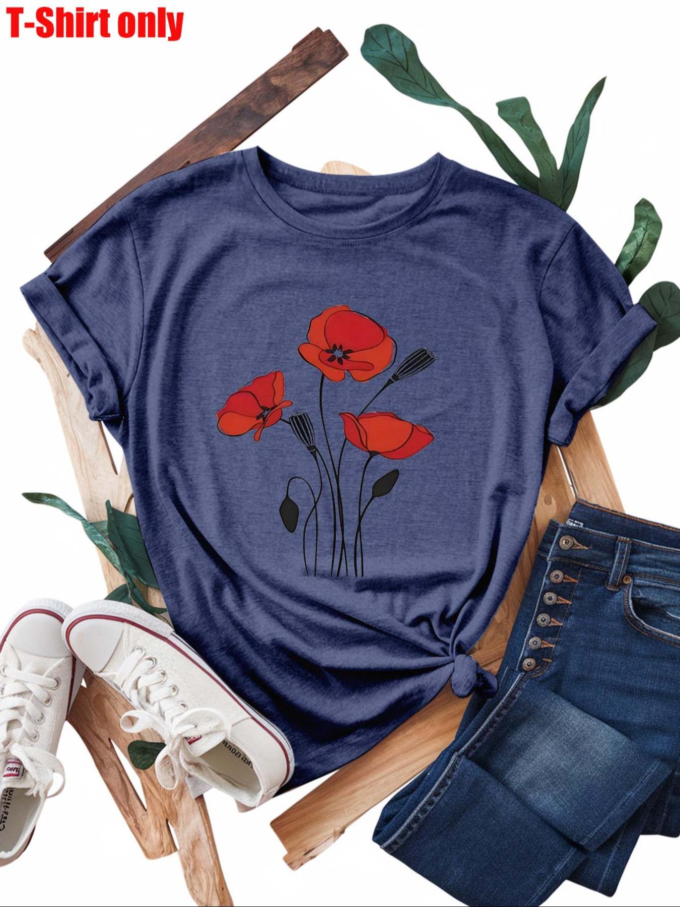 【Plus Size】  Flowers Print Round Neck Tee, Casual Short Sleeve T-shirt for Summer, Women's Clothing for Daily Wear