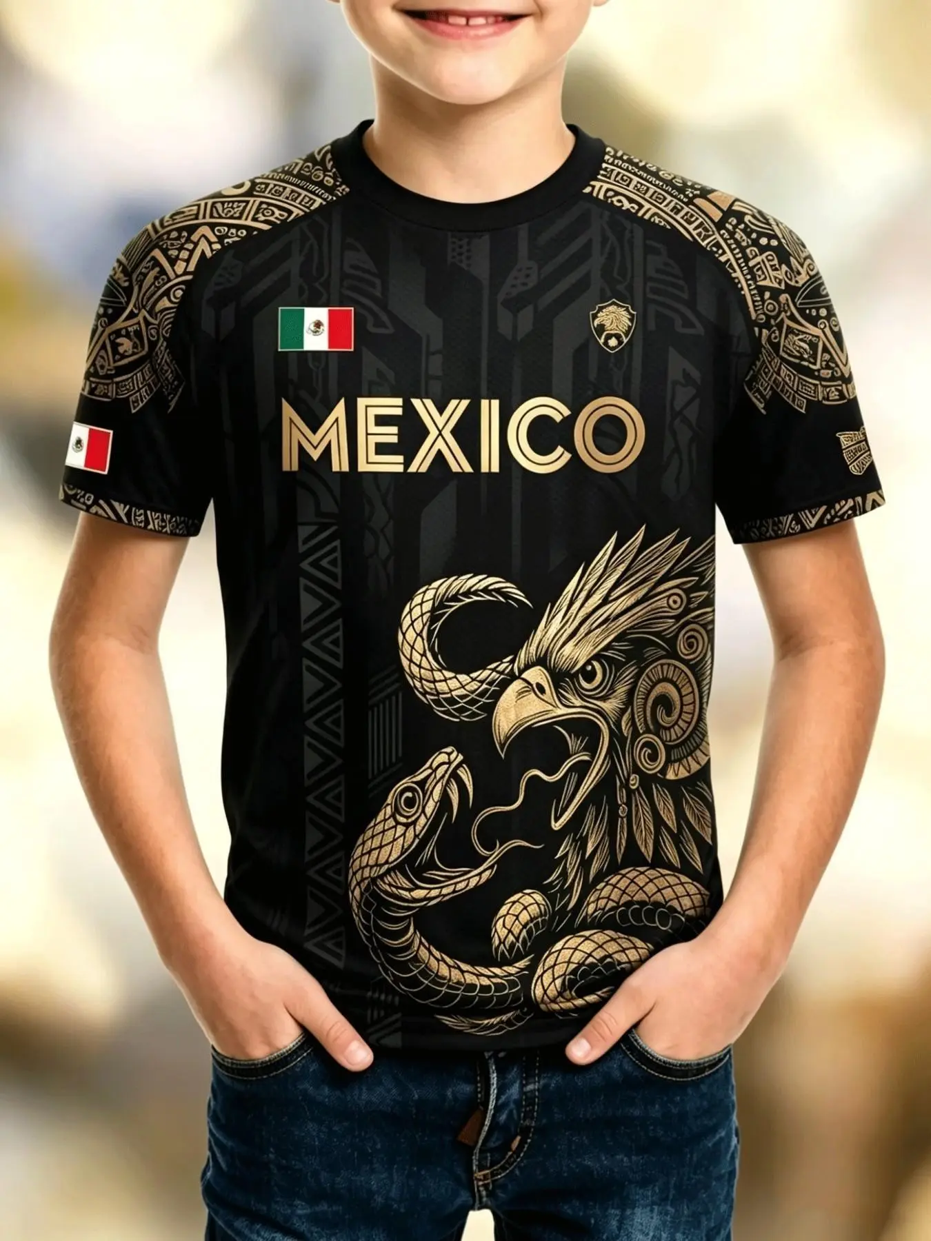 Boys' Mexican Flag Badge Gold Eagle Snake Pattern Round Neck Short Sleeve, Loose Fit Casual Sports T-Shirt, Maya Geometric Ethnic Design