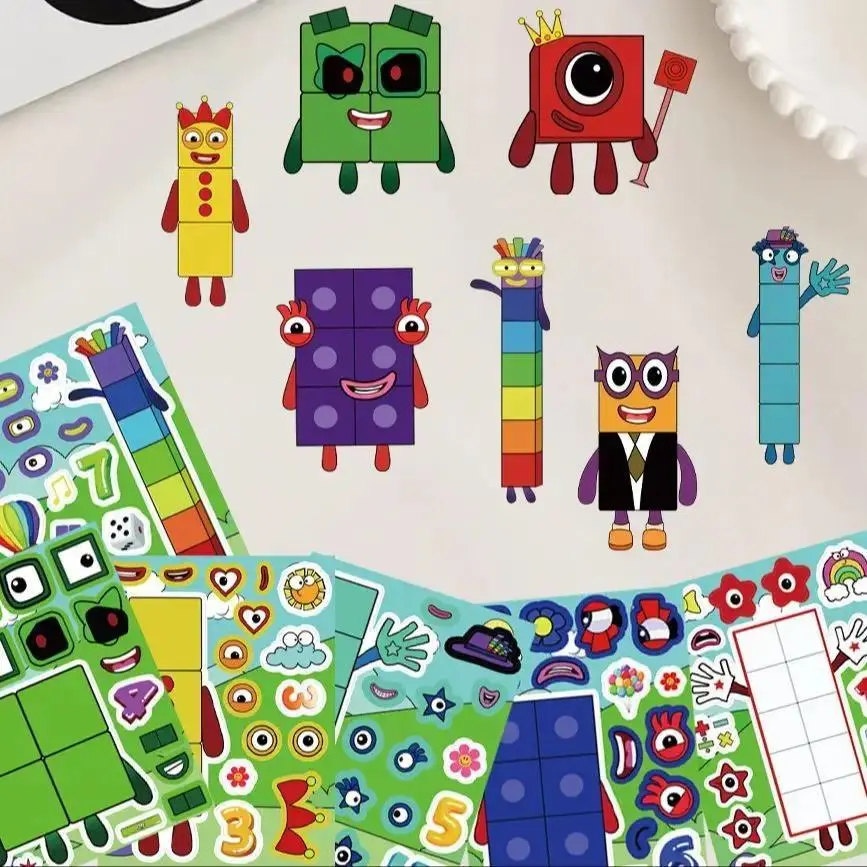 8 Sheets Cute Digital Blocks Puzzle Stickers for Cartoon Make a Face Laptop Notebook Stationery Stickers