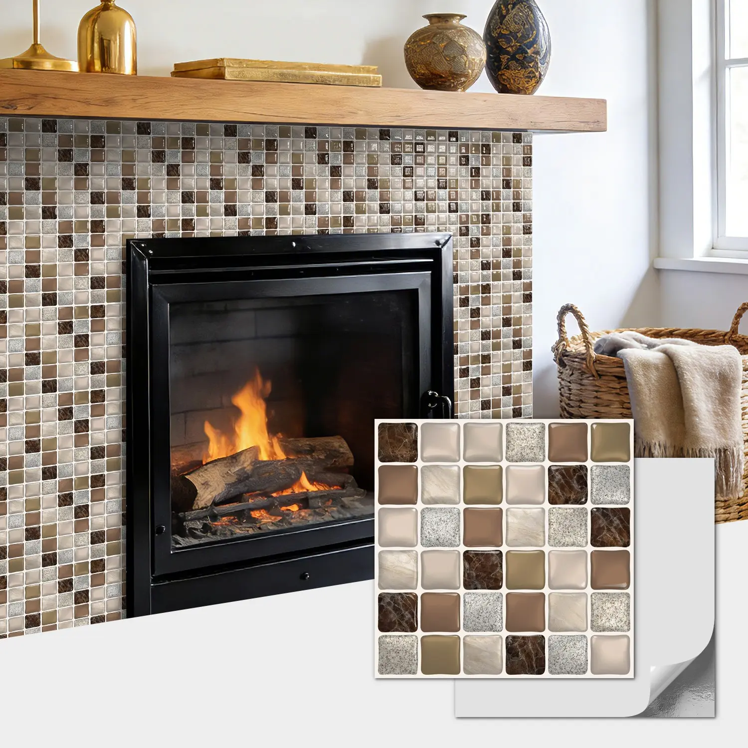 Brown Marble Thickened Self-Adhesive 3D Wall Panel Mosaic Tile Stickers, Peel-and-Stick Wall Decor, Waterproof Wear-Resistant Splashback Panel, Suitable for Kitchen, Bathroom, Living Room, Bedroom and Fireplace, 15.25x15.25cm