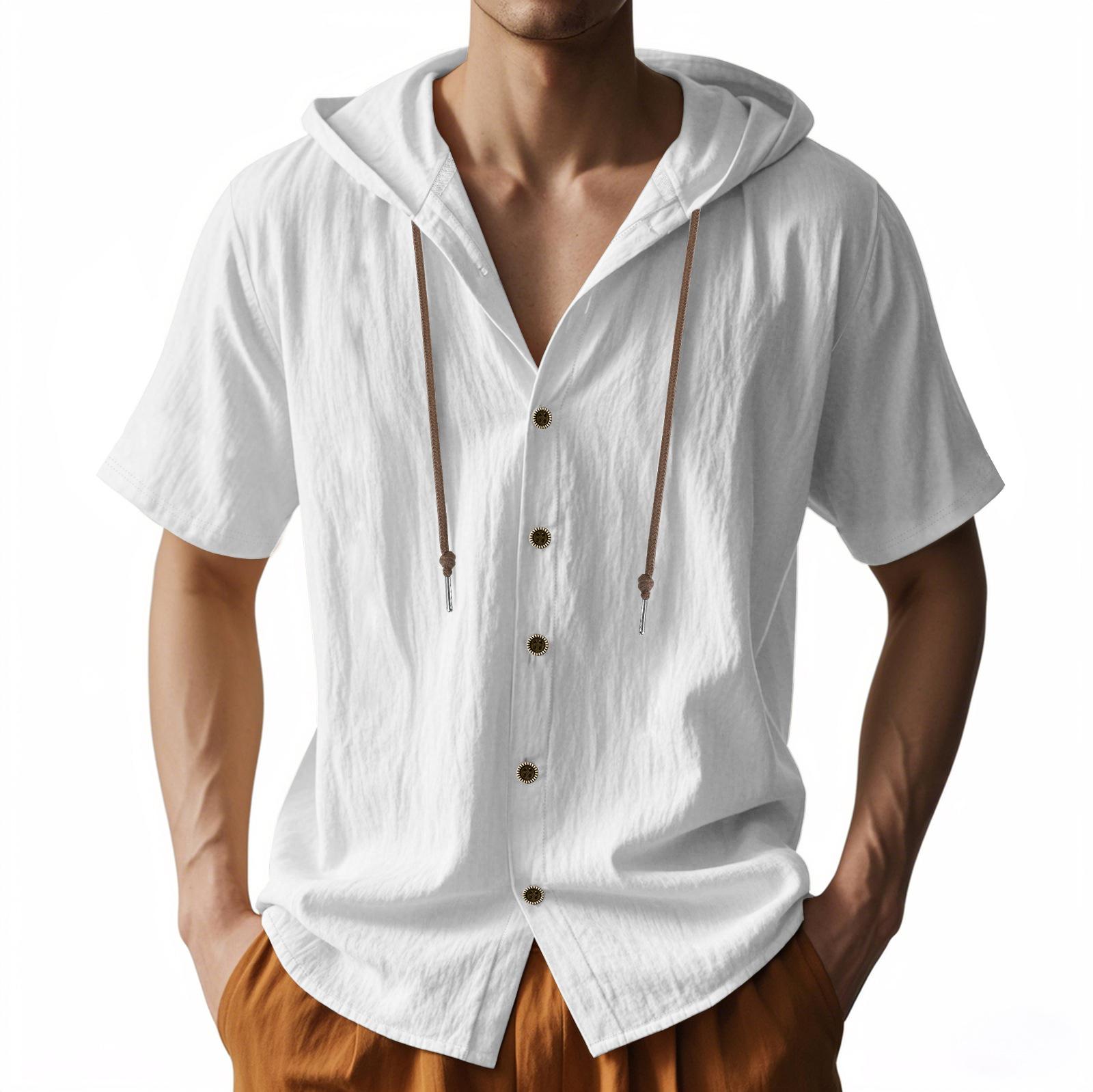American-style Summer Lightweight Breathable Linen Amekaji Loose-fitting Hooded Men's Short-sleeve Shirt 95% Linen 5% Polyester Casual Menswear