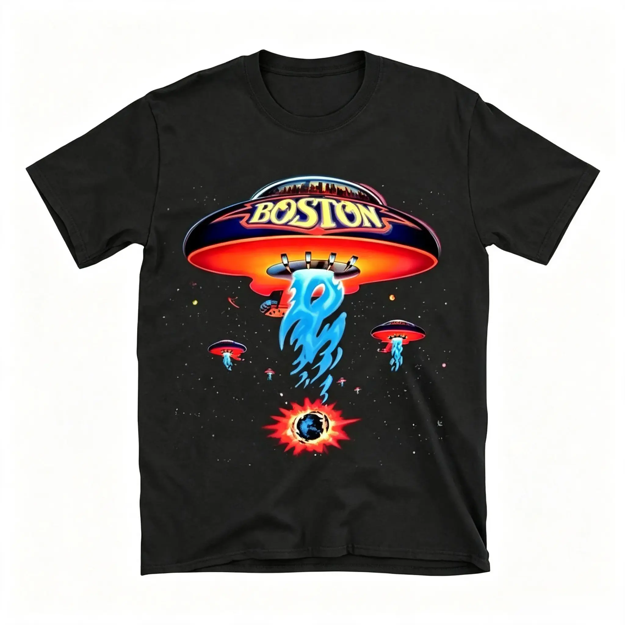 100% Cotton Boston Band T-Shirt Poster Shirt Spaceship Rock Band T-Shirt Men'S Black Golf Gift T-Shirt For Men And Women