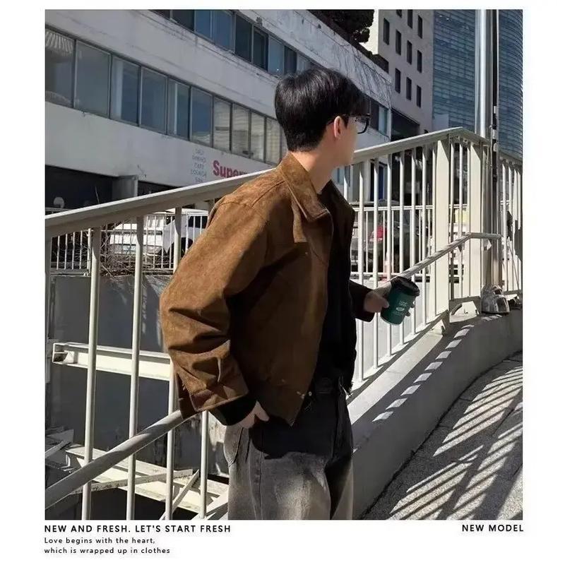 Autumn Winter Korean Style Men's Loose Fit Chamois Leather Flight Jacket Casual Trendy Lapel Zippered Hooded Warm Comfortable Ou