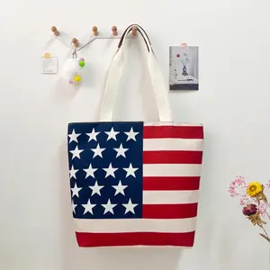 4th Of July Patriotic Canvas Tote Bag Unisex Faux Embroidery American Flag Patchwork Shoulder Handbag Trendy Casual Daily Commute Holiday Party Accessory summerwins