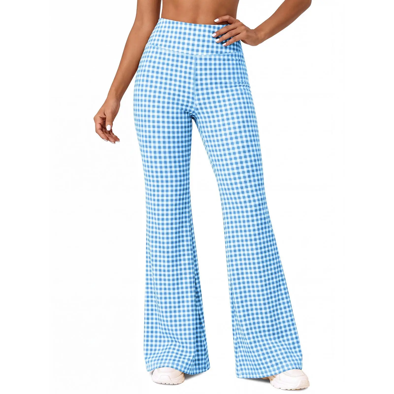 Aoysky Women's Plaid High-Waist Flared Leg Pants - Polyamide Blend Soft Stretch Bootcut Yoga Trousers for Casual Vintage Wear