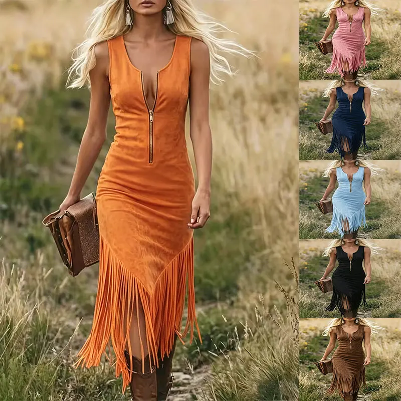 2026 New Vintage Western Cowgirl Slim Fit Hem Fringe Sleeveless Dress