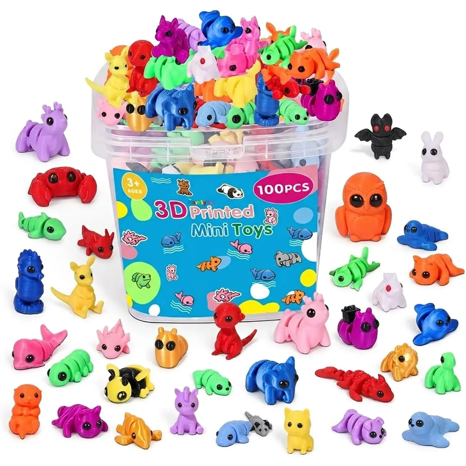 Mini 3D Printed Animal Figurines: 100 Pcs Cute Party Favor Toys for Kids, Small 3D Fidget Toys in Bulk, Party Bag Fillers, Treasure Box & Classroom Prize, Christmas Stocking Stuffers for Toddlers