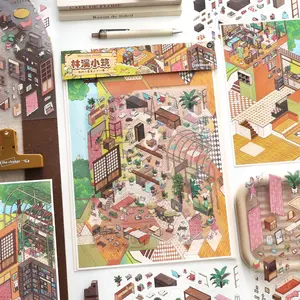 5 Sheets/pack Waterproof Pet Stickers, My Little House Series 38, 2.5D Large Size Landscape Stickers, Stackable 3D House Journal Stickers