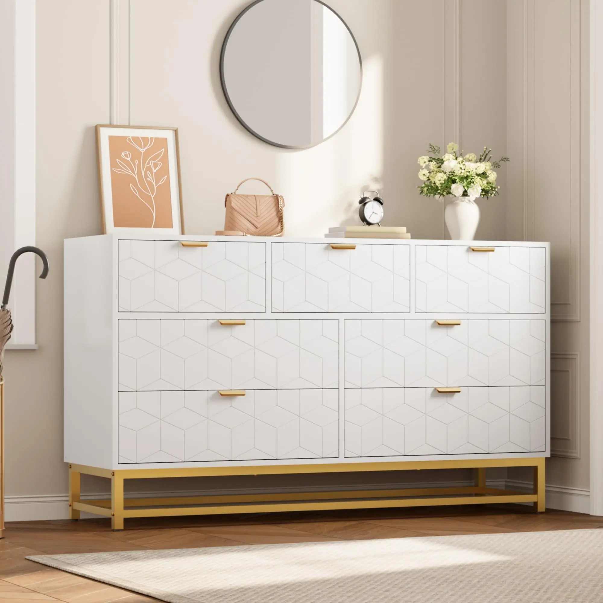 Modern 7-Drawer Entryway Storage Cabinet - 53.5'' Wide Chest with Golden Metal Handles & Legs - Large Organizer for Bedroom, Living Room, Hallway - Pink